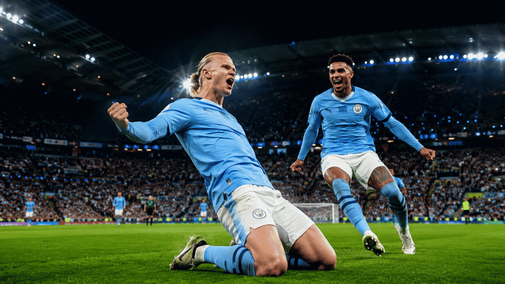 Manchester City-spelers vieren goal in het Etihad Stadium tijdens voetbalreis
