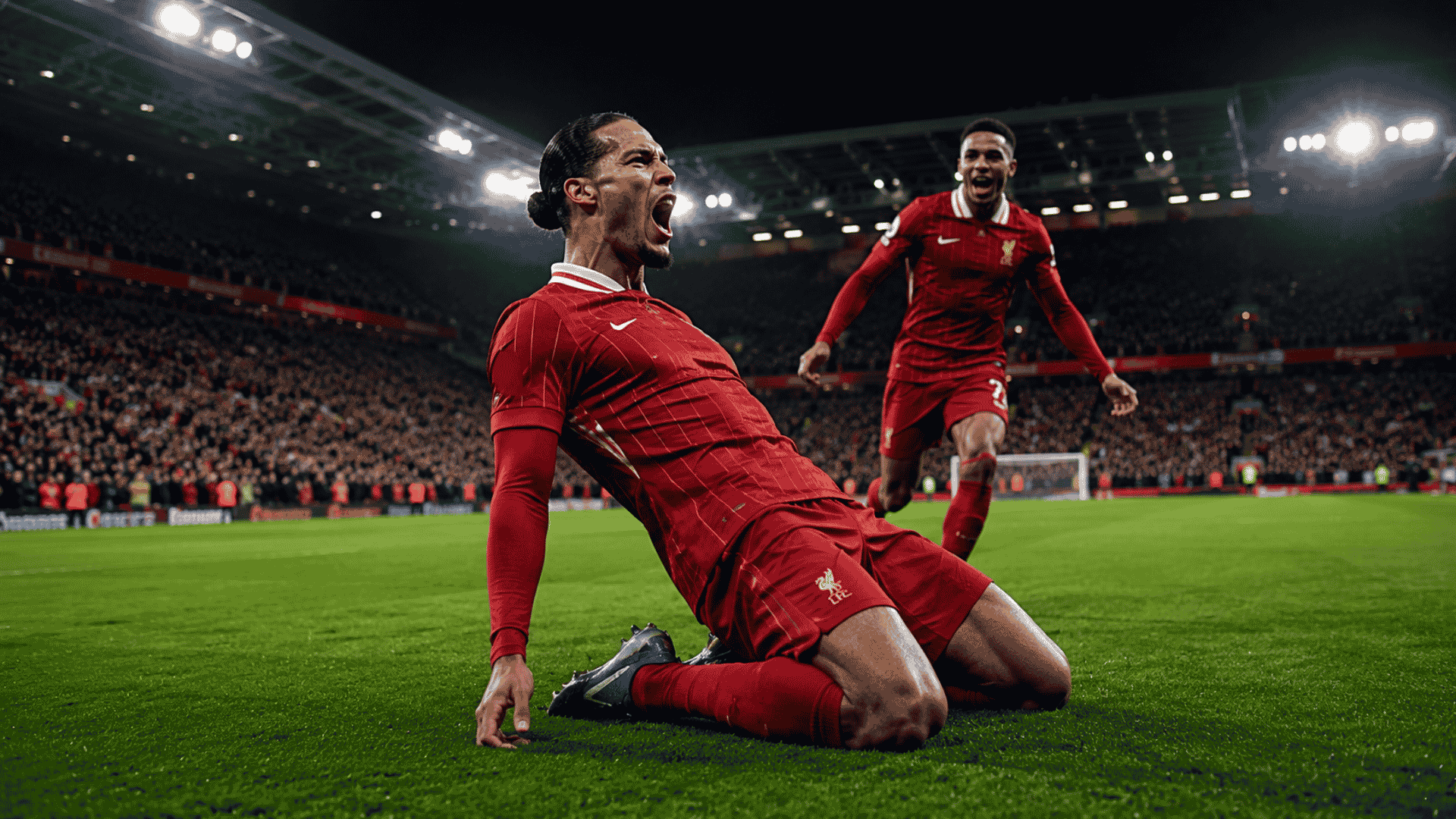 Liverpool FC-spelers vieren goal in Anfield tijdens Premier League-voetbalreis