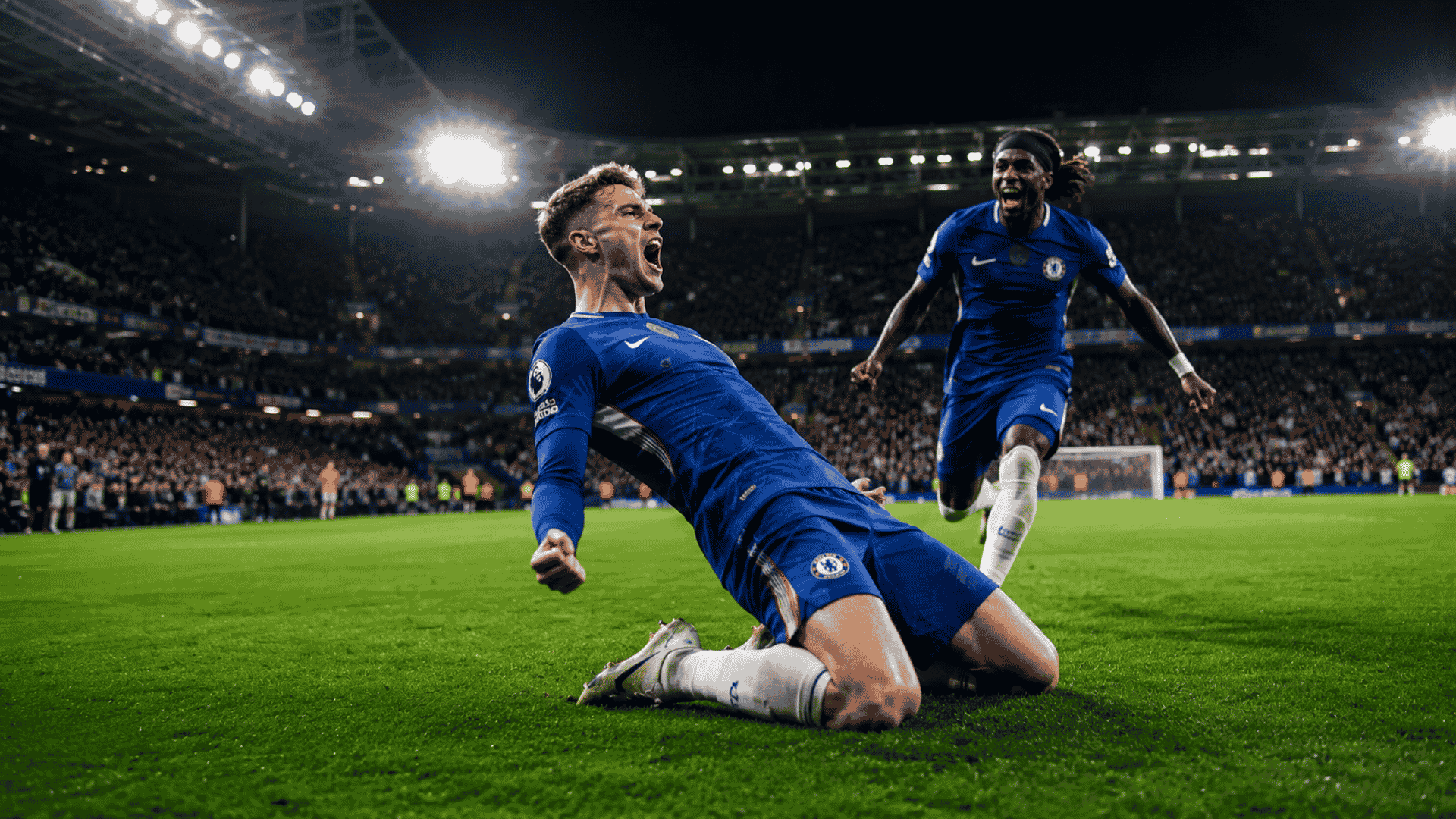 Chelsea-spelers vieren goal in Stamford Bridge tijdens voetbalreis Londen