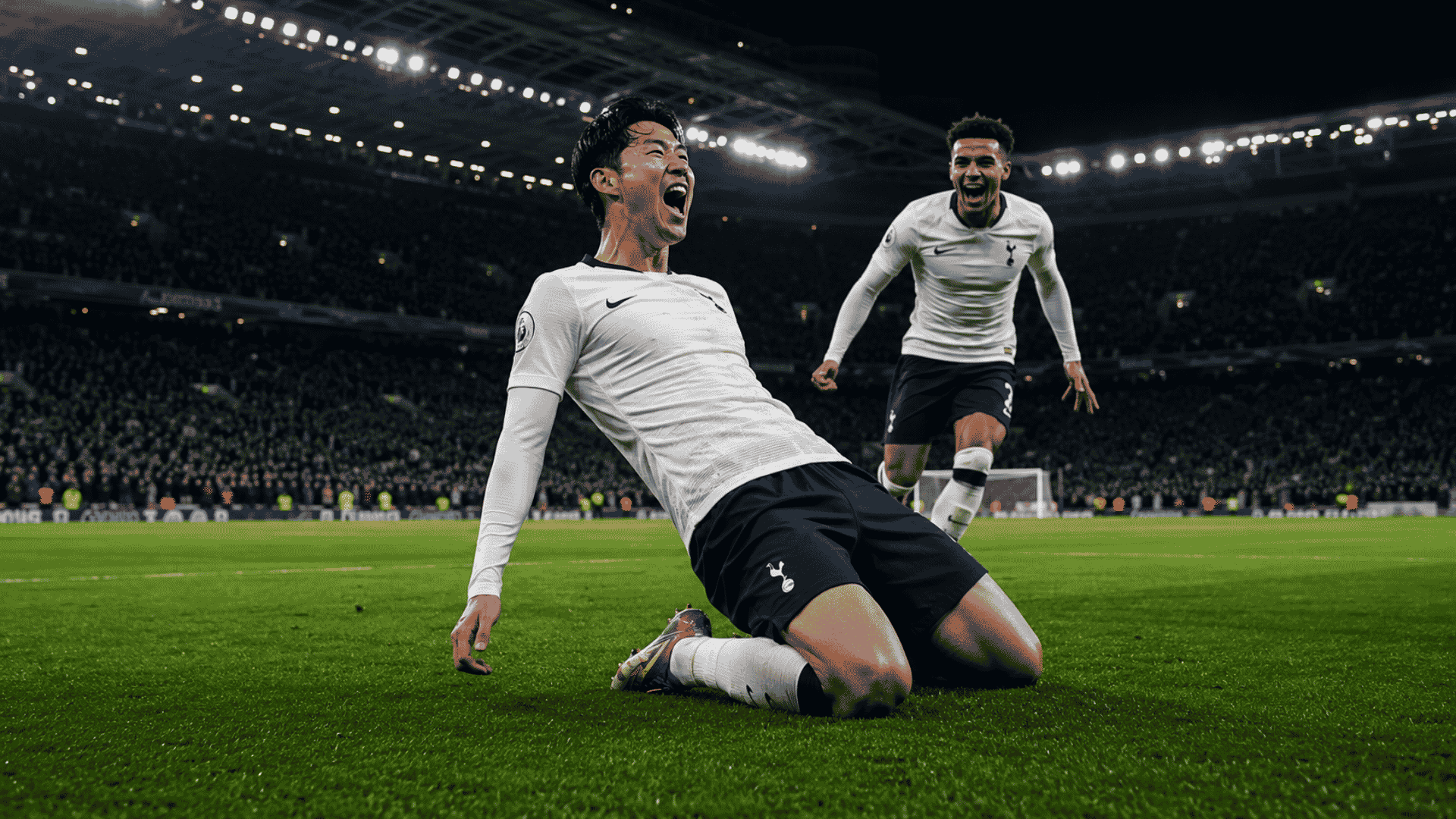 Tottenham Hotspur-spelers vieren goal in Tottenham Hotspur Stadium tijdens voetbalreis Londen