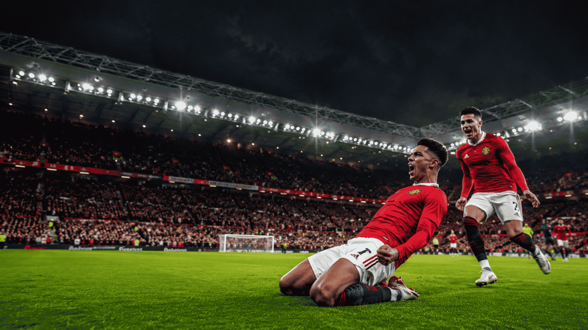 Manchester United-spelers vieren goal in Old Trafford tijdens voetbalreis