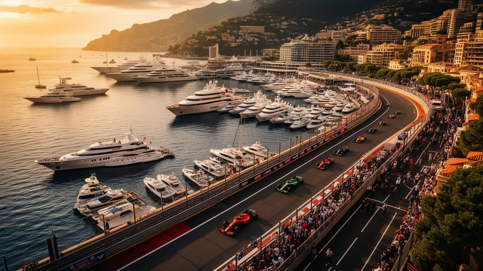 VIP-dek boven start-finish tijdens de Monaco Grand Prix, met F1-wagens op de startgrid